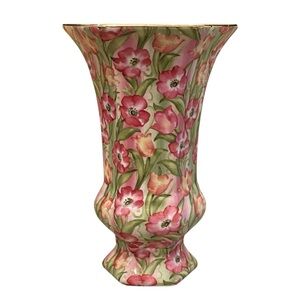 Vintage BAUM BROS Pink And Green Poppy Tulip Chintz Vase Gold Edge Hexagon 10”